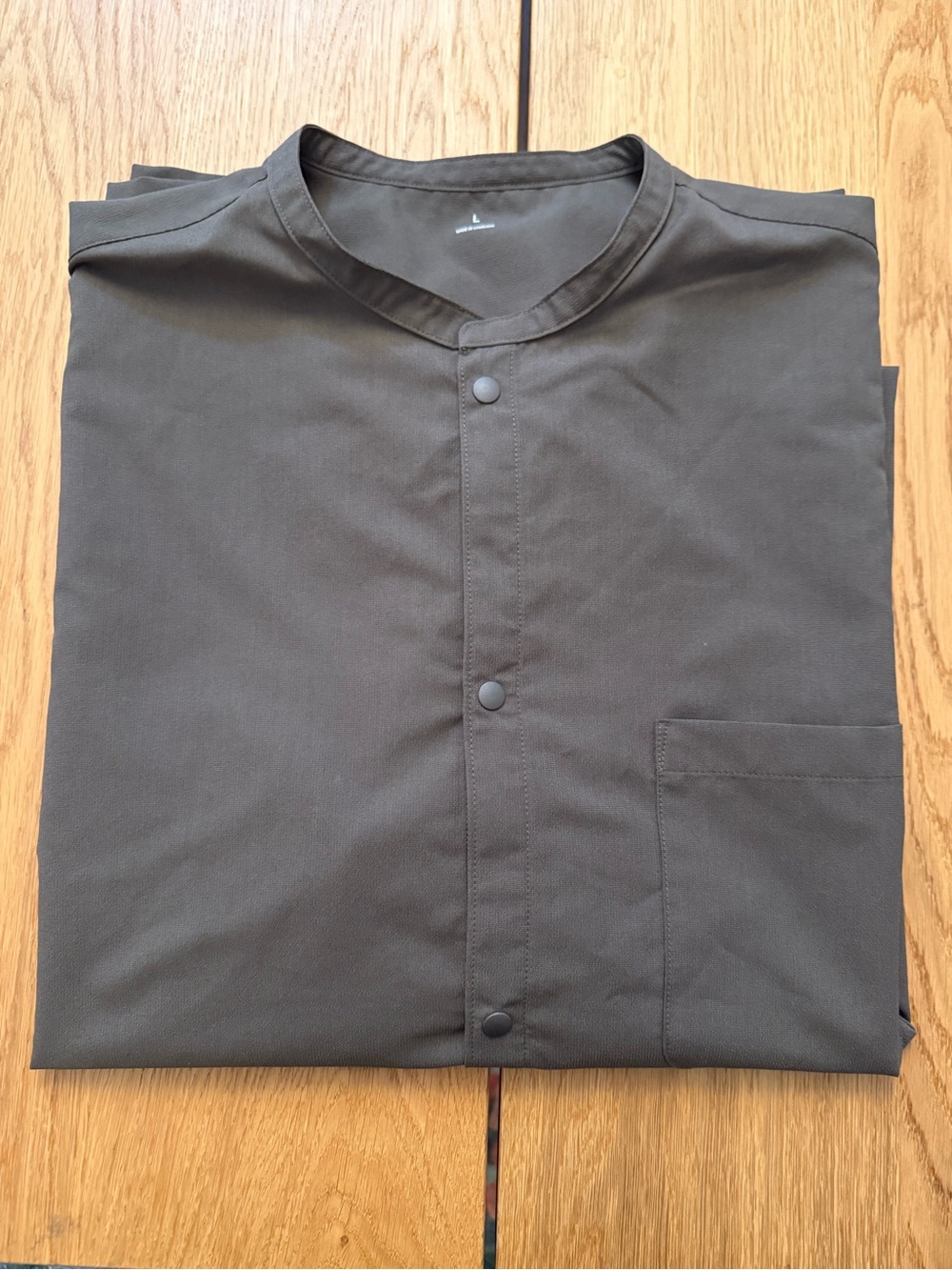 Muji brown-gray collarless snap button shirt